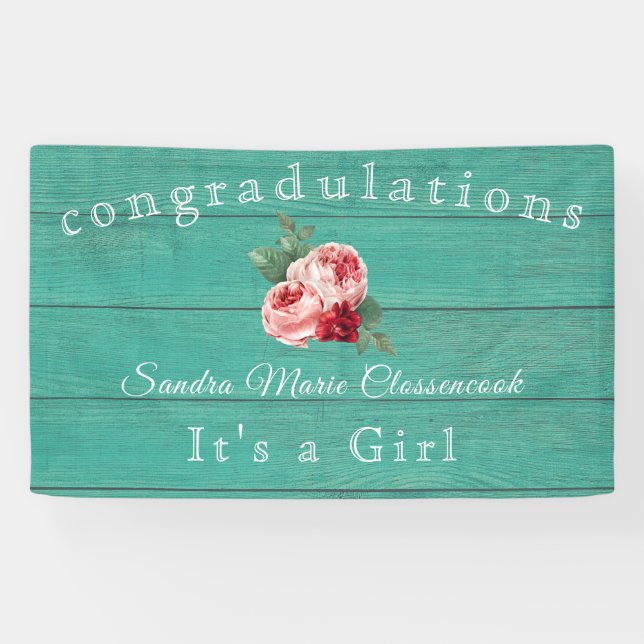 Rustic Pink Floral Its a Girl Rustic Green Wood Banner (Horizontal)