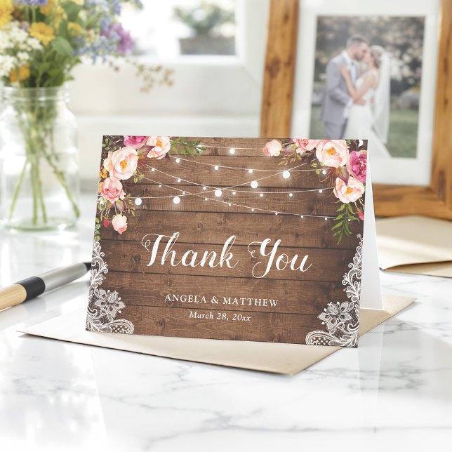 Rustic Pink Floral Lace String Lights Thank You Card (Creator Uploaded)