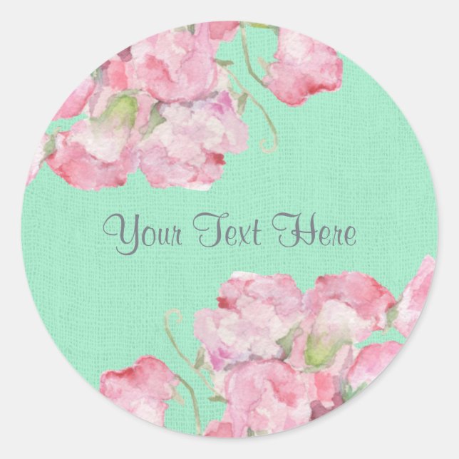 Rustic Pink Floral on Mint Green Burlap Classic Round Sticker (Front)