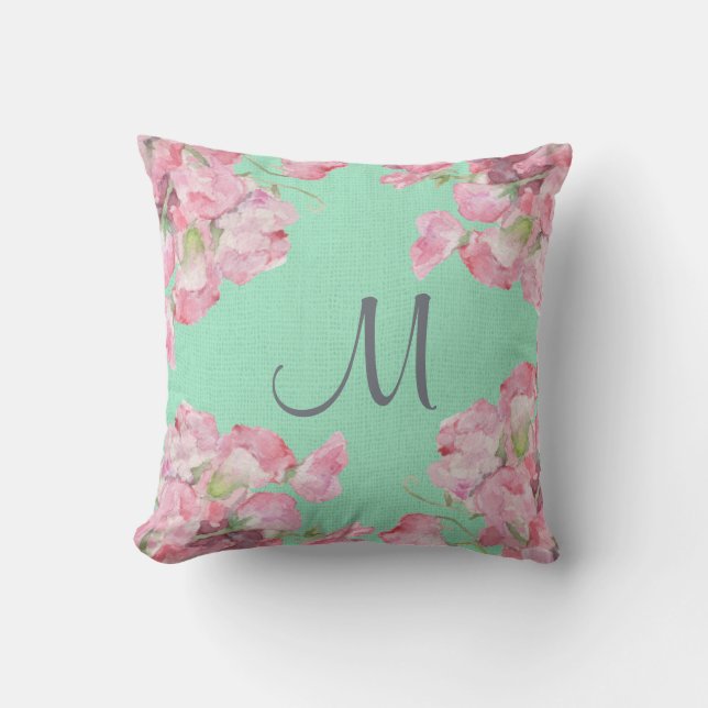 Rustic Pink Floral on Mint Green Burlap Monogram Cushion (Front)