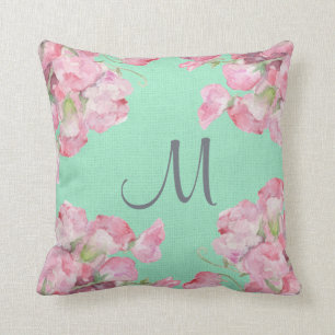 Rustic Pink Floral on Mint Green Burlap Monogram Cushion