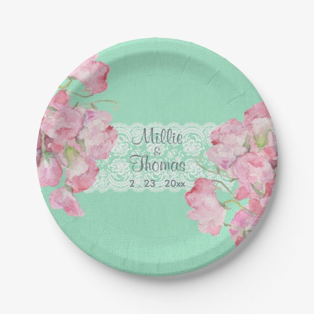 Rustic Pink Floral on Mint Green Burlap Wedding Paper Plate (Front)