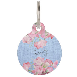 Rustic Pink Floral on Serenity Blue Burlap Pet Tag