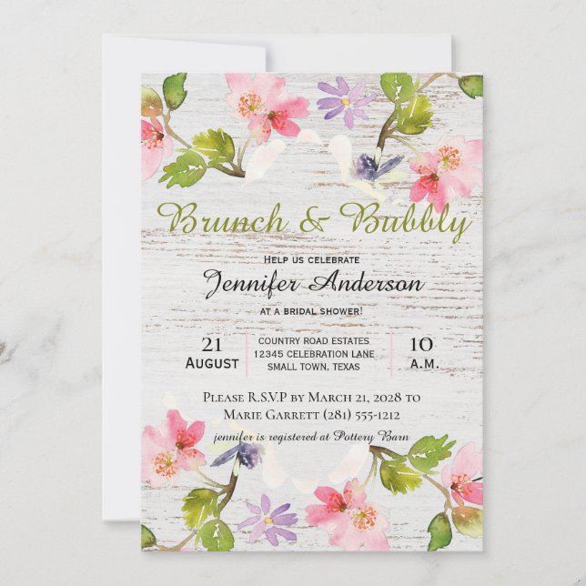 Rustic Pink Floral on White Wood Bridal Brunch (Front)