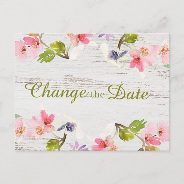 Rustic Pink Floral on White Wood Change the Date Postcard (Front)