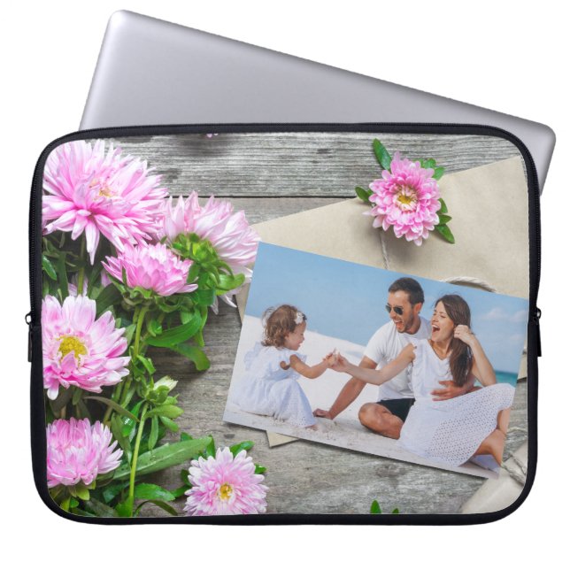 Rustic Pink Floral Personalised Photo Mother's Day Laptop Sleeve (Front)