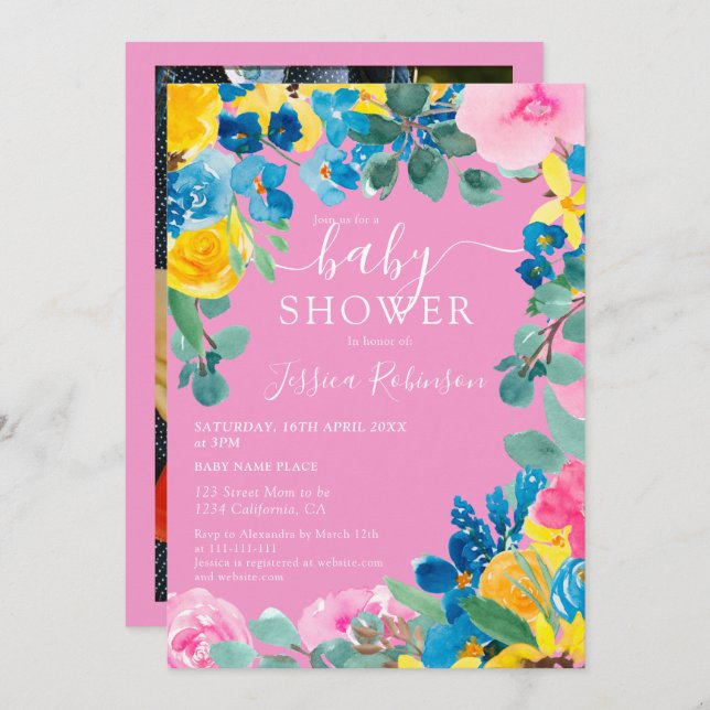 Rustic pink floral photo baby shower invitation (Front/Back)