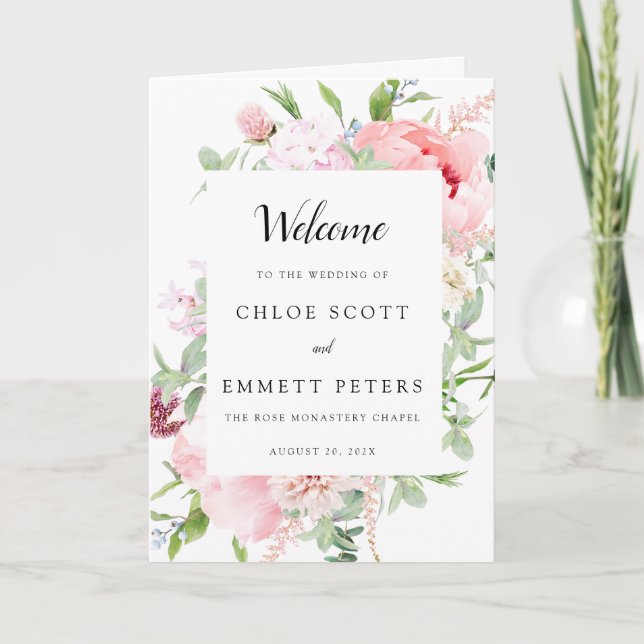 Rustic Pink Floral Photo Wedding Program Programme (Front)