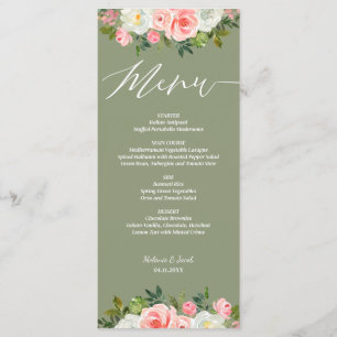 Rustic Pink Floral Sage Green Flat wedding Menu