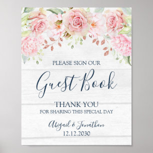 Rustic Pink Floral Spring Wedding Guest Book Sign