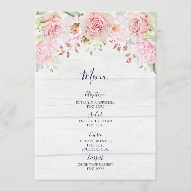 Rustic Pink Floral Spring Wedding Menu (Front)