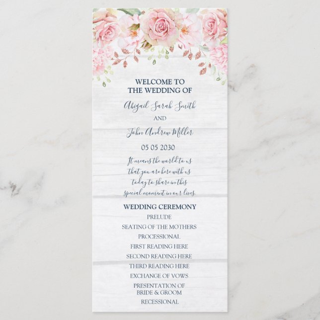 Rustic Pink Floral Spring Wedding Program Programme (Front)