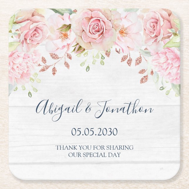 Rustic Pink Floral Spring Wedding Square Paper Coaster (Front)