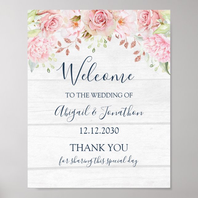Rustic Pink Floral Spring Wedding Welcome Poster (Front)