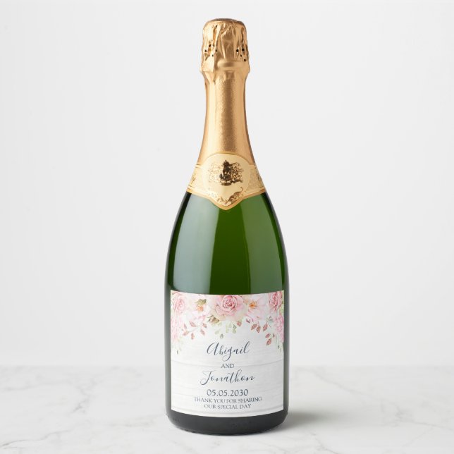 Rustic Pink Floral Spring Wedding Wine Label (Front)
