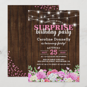 Rustic Pink Floral String Lights Birthday Party Invitation