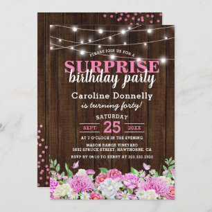 Rustic Pink Floral String Lights Birthday Party Invitation