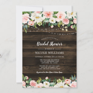 Rustic Pink Floral String Lights Bridal Shower Invitation