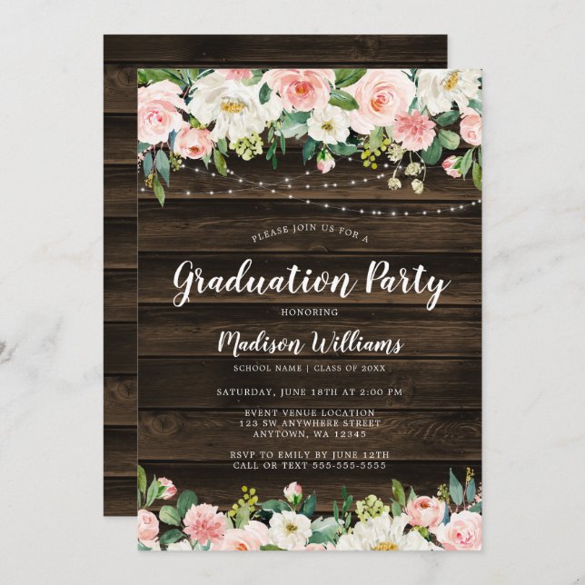 Rustic Pink Floral String Lights Graduation Party Invitation (Front/Back)
