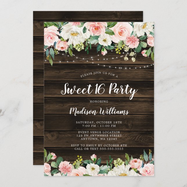 Rustic Pink Floral String Lights Sweet 16 Invitation (Front/Back)