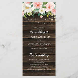 Rustic Pink Floral String Lights Wedding Programme