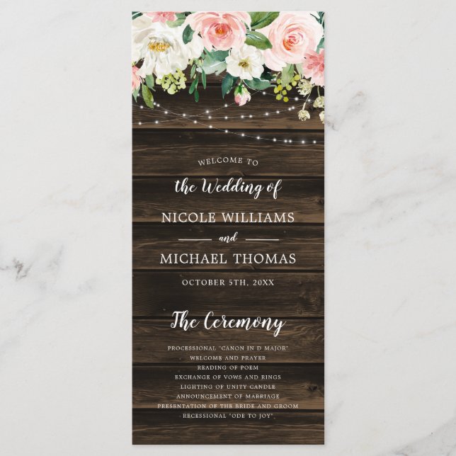 Rustic Pink Floral String Lights Wedding Programme (Front)