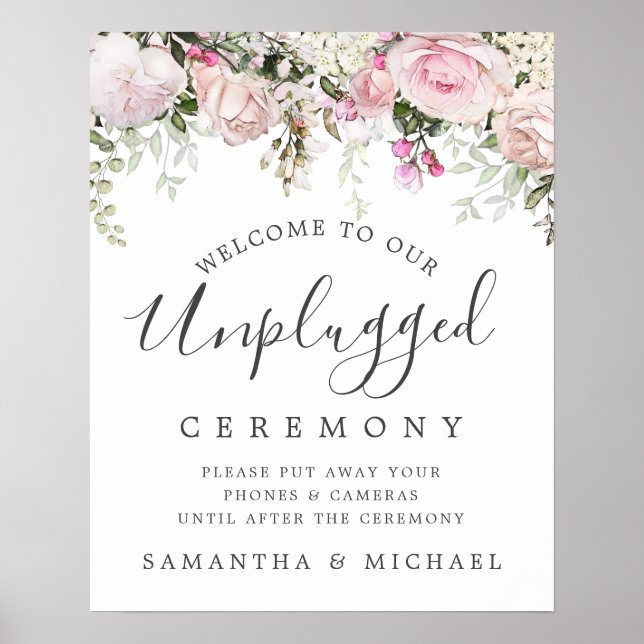 Rustic Pink Floral Unplugged Wedding Ceremony Sign (Front)