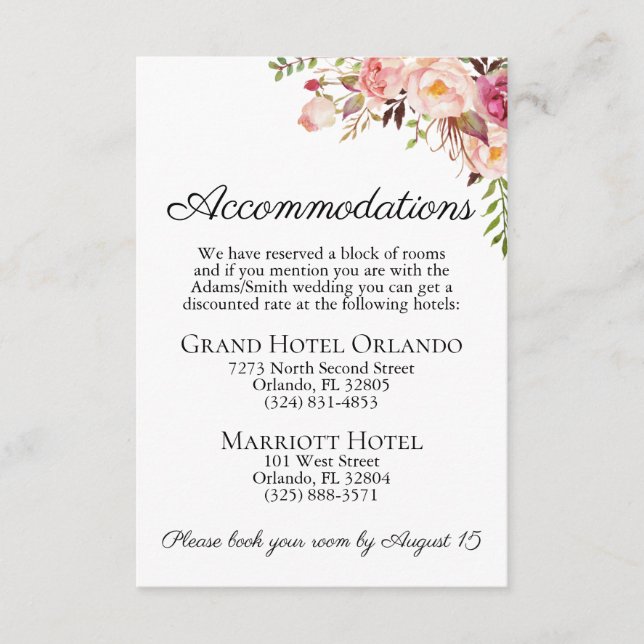 Rustic Pink Floral Wedding Accommodations Cards (Front)
