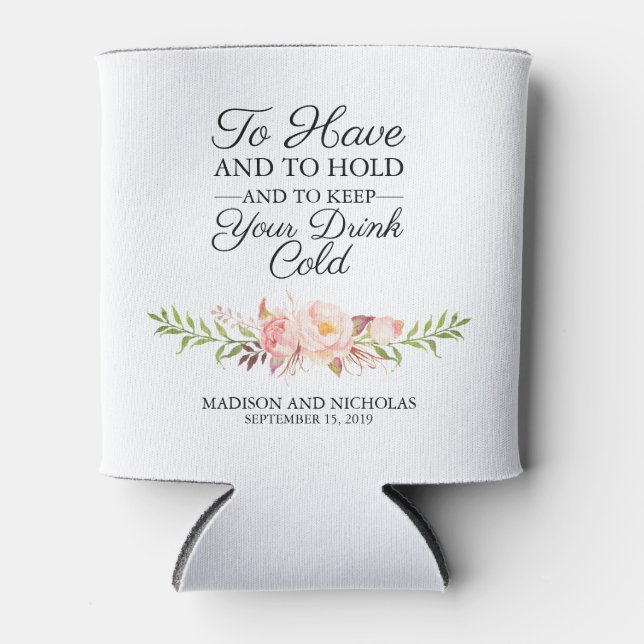 Rustic Pink Floral Wedding Can Coolers (Front)