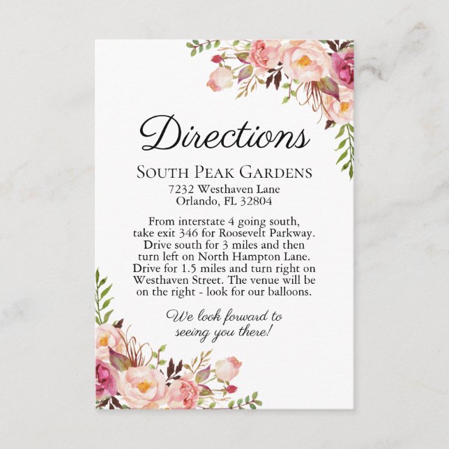 Rustic Pink Floral Wedding Directions Inserts (Front)