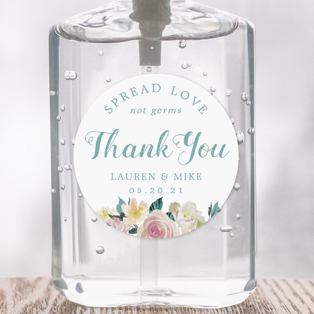 Rustic Pink Floral Wedding Favour Hand Sanitizer Classic Round Sticker (Creator Uploaded)