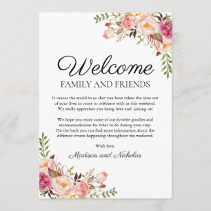 Rustic Pink Floral Wedding Hotel Welcome Cards