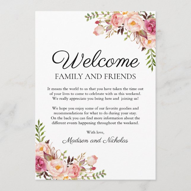 Rustic Pink Floral Wedding Hotel Welcome Cards (Front)