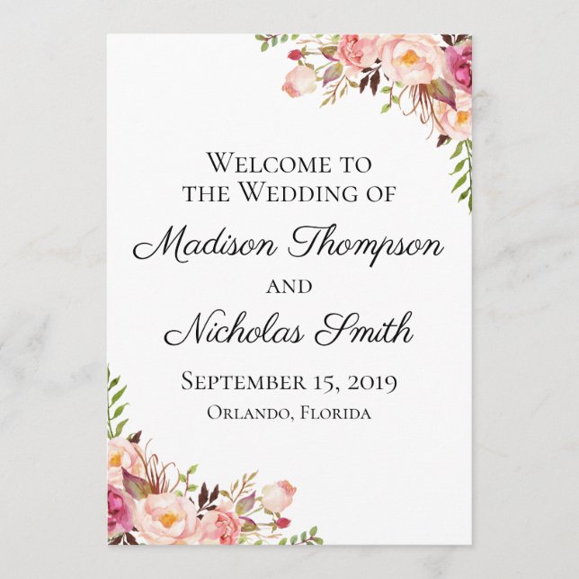 Rustic Pink Floral Wedding Program Cards (Front)
