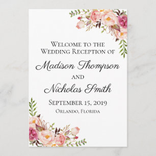 Rustic Pink Floral Wedding Reception Programs Programme