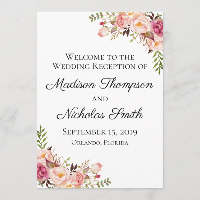 Rustic Pink Floral Wedding Reception Programs Programme (Front)