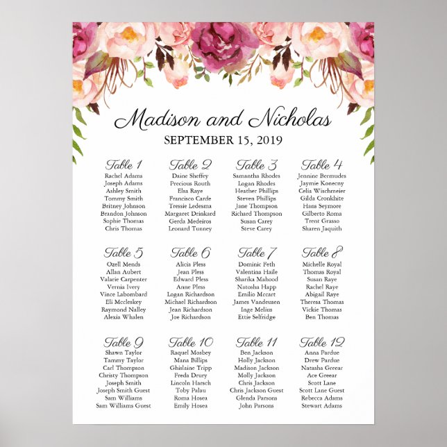 Rustic Pink Floral Wedding Seating Chart (Front)