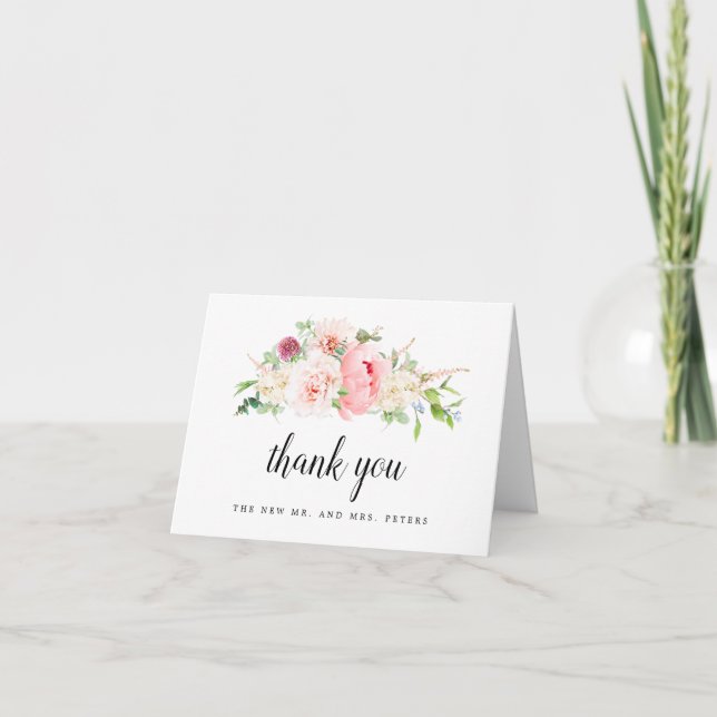 Rustic Pink Floral Wedding Thank You Card (Front)
