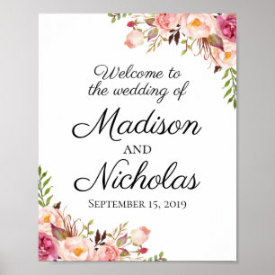 Rustic Pink Floral Wedding Welcome Sign Poster
