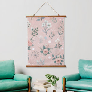 Rustic Pink Floral with White Blooms and Greenery Hanging Tapestry
