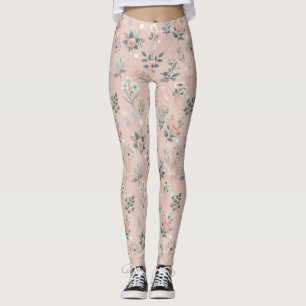 Rustic Pink Floral with White Blooms and Greenery Leggings