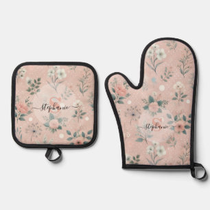Rustic Pink Floral with White Blooms and Greenery Oven Mitt & Pot Holder Set