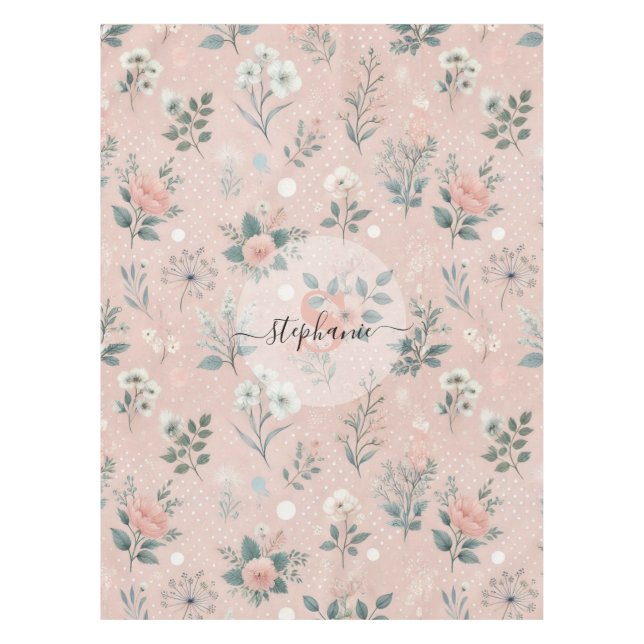 Rustic Pink Floral with White Blooms and Greenery Tablecloth (Front)
