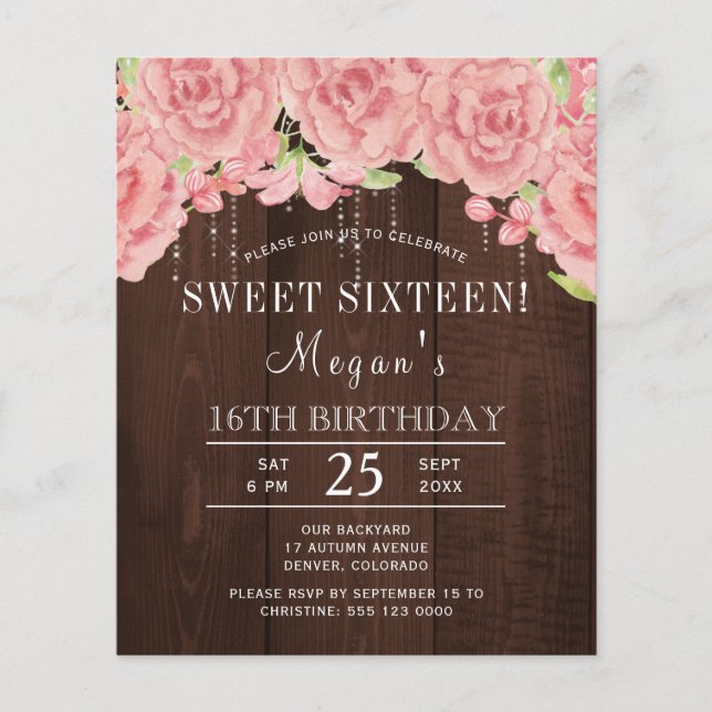 Rustic pink floral wood sweet sixteen invitation (Front)