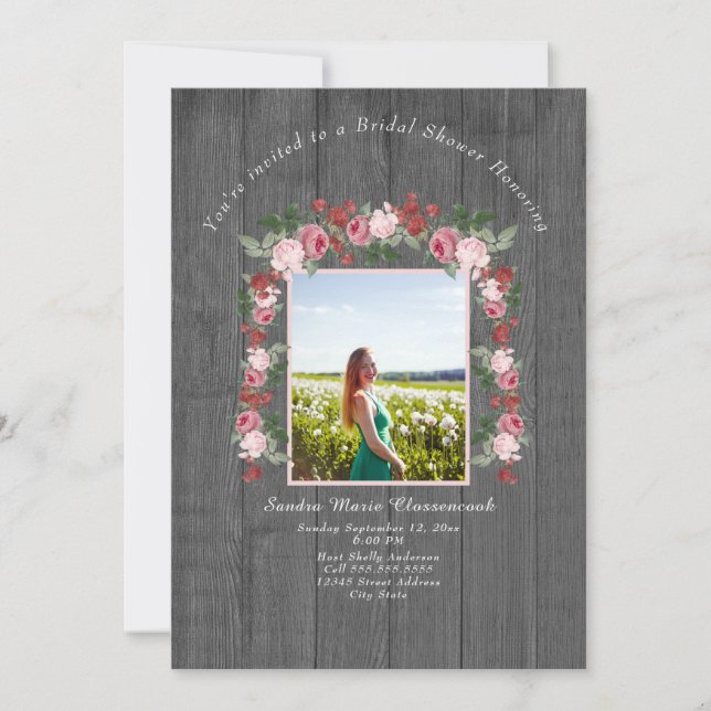 Rustic Pink Floral Wood Wedding Bridal Shower  Inv Invitation (Front)