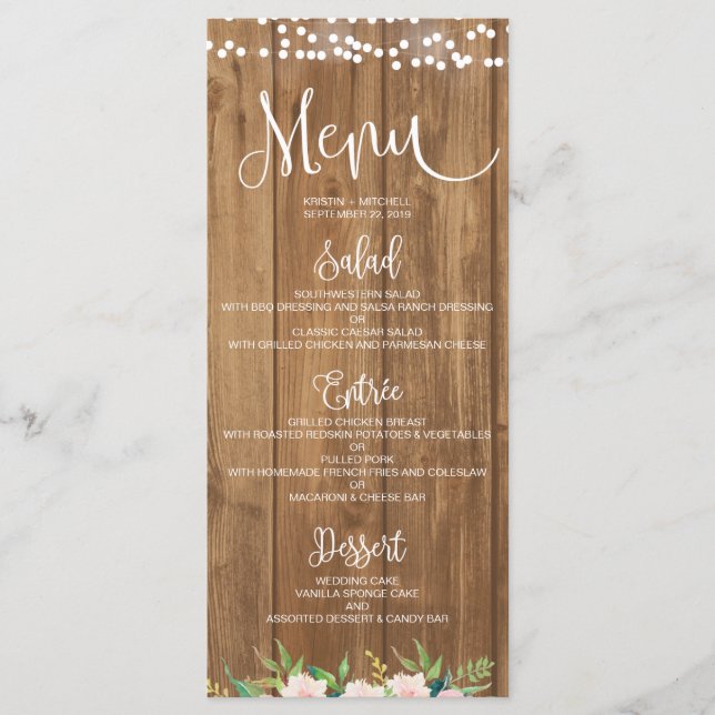 Rustic Pink Floral & Wood Wedding Menu Card (Front)
