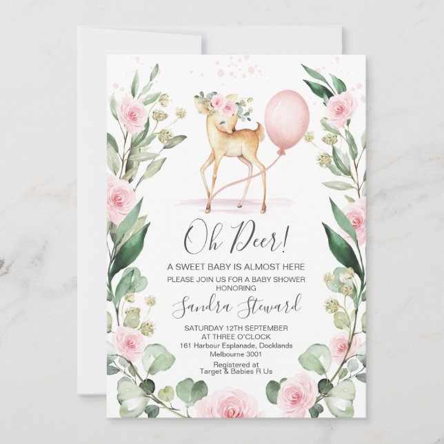 Rustic Pink Floral Wreath Deer Baby Shower Invitation (Front)