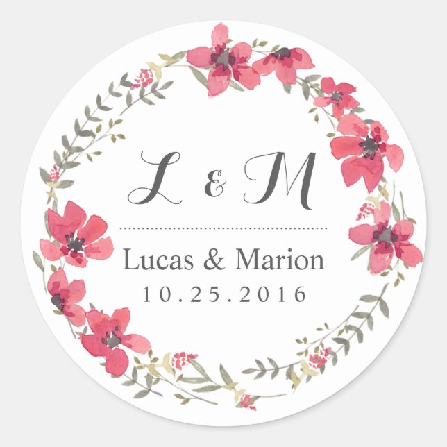 Rustic Pink Floral Wreath Monogram Wedding Sticker (Front)