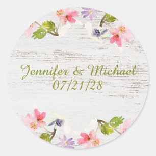 Rustic Pink Florals on White Wood Classic Round Sticker