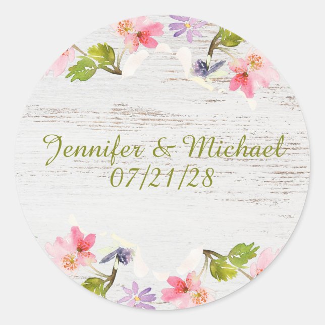 Rustic Pink Florals on White Wood Classic Round Sticker (Front)